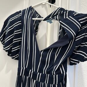 Navy striped romper with shorts but long skirt
